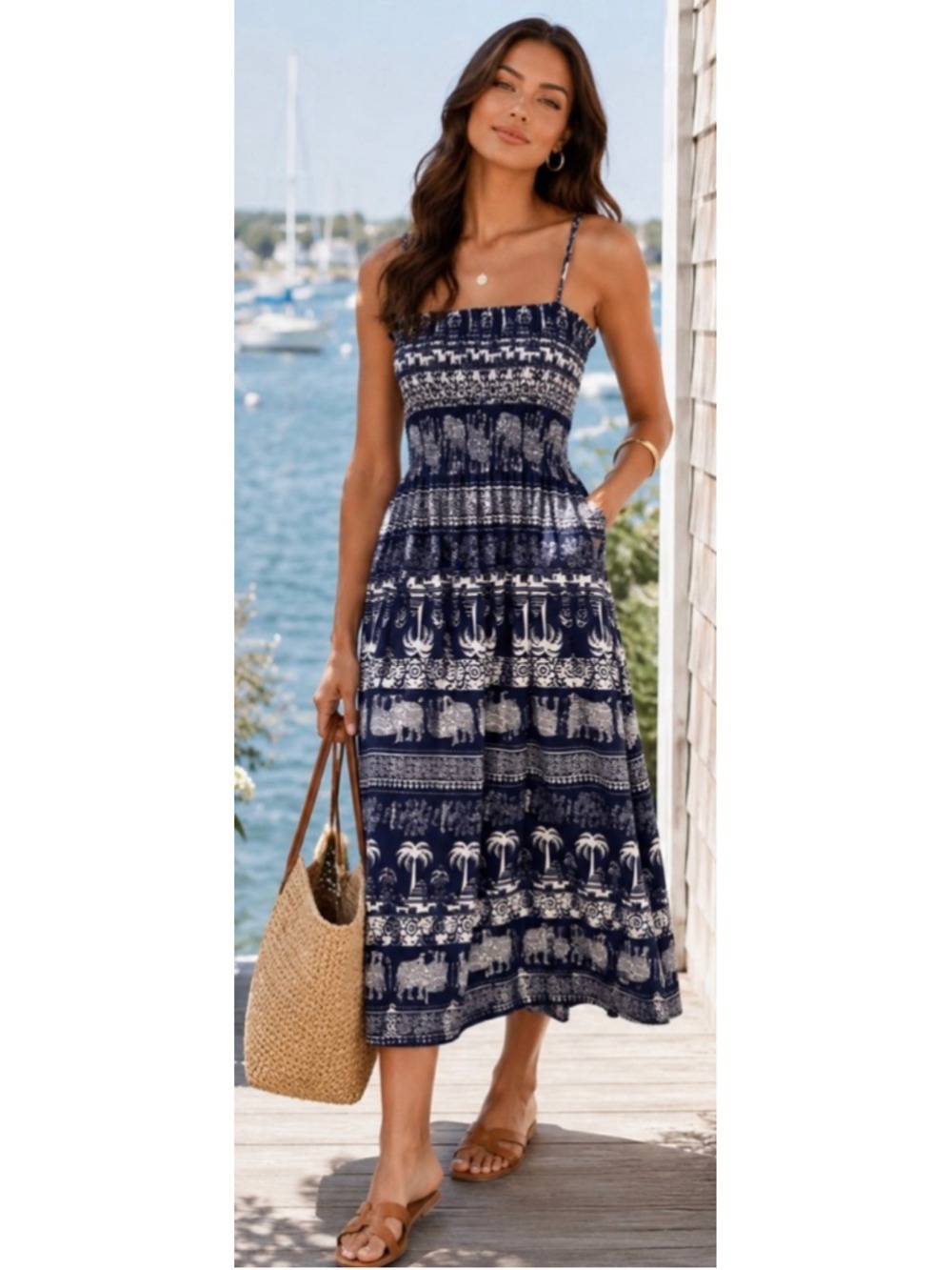 New ISLA BONITA Navy White Elephant Print Smocked Midi Dress S